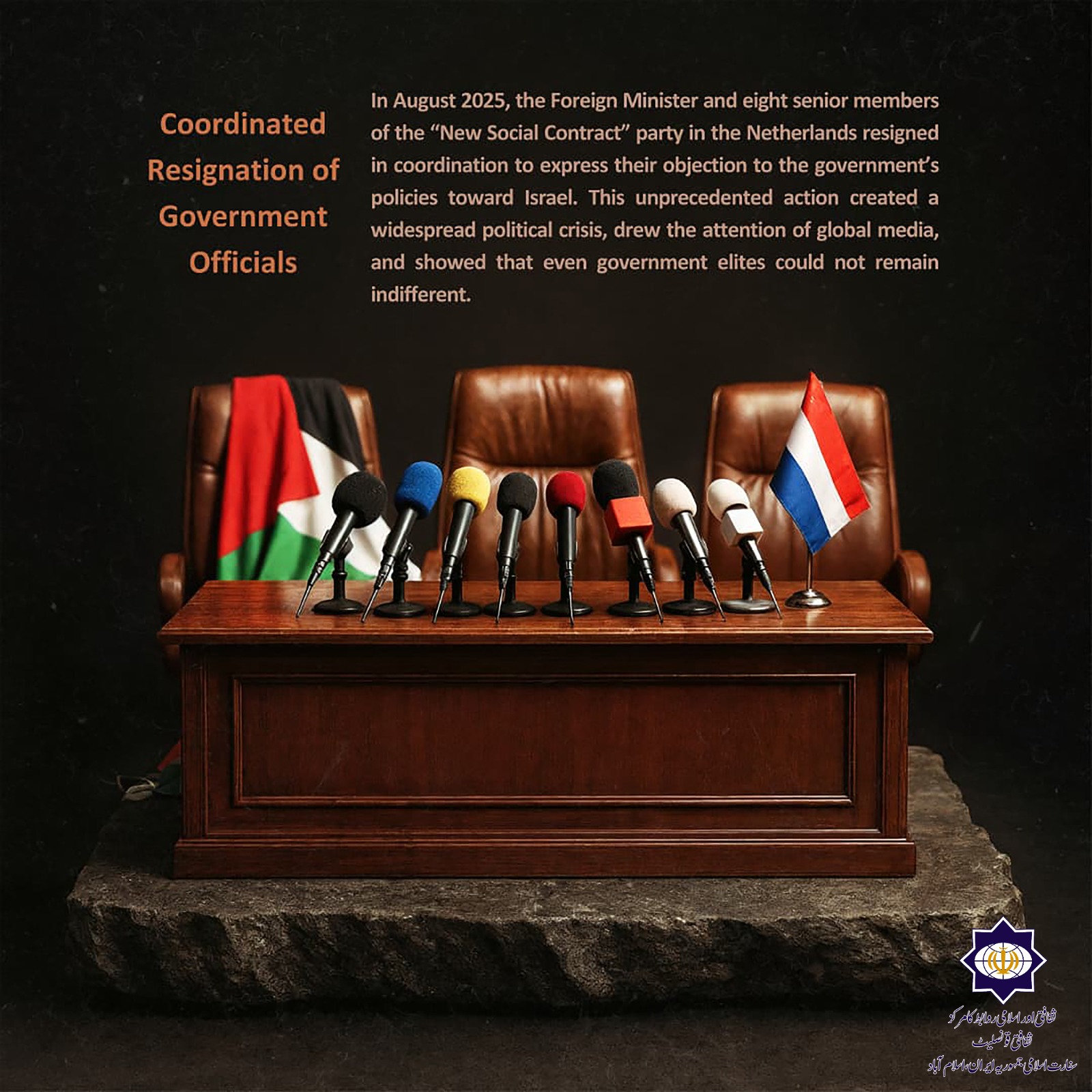 اگست 2025 میں نیدرلینڈز کے وزیرِ خارجہ اور نیو سوشل کنٹریکٹ پارٹی کے آٹھ سینئر ارکان نے حکومت کی اسرائیل نواز پالیسیوں کے خلاف اپنے عہدوں سے مستعفی ہو کر ایک مشترکہ احتجاجی اقدام کی