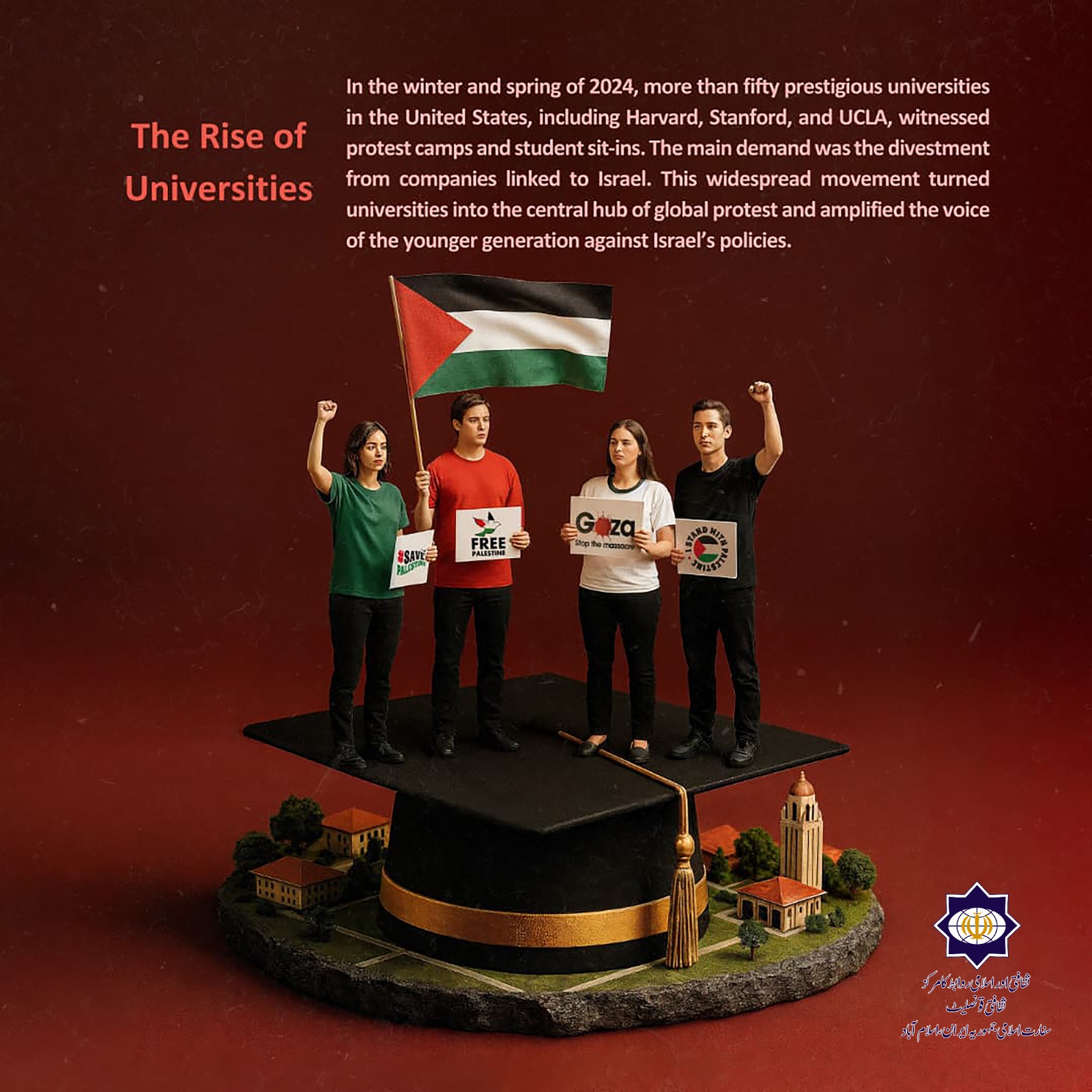 2024 کے موسمِ سرما اور بہار میں، امریکہ کی پچاس سے زائد معروف یونیورسٹیوں — جن میں ہارورڈ، اسٹینفورڈ، اور یو سی ایل اے شامل ہیں — میں طلبہ نے احتجاجی کیمپ لگائے